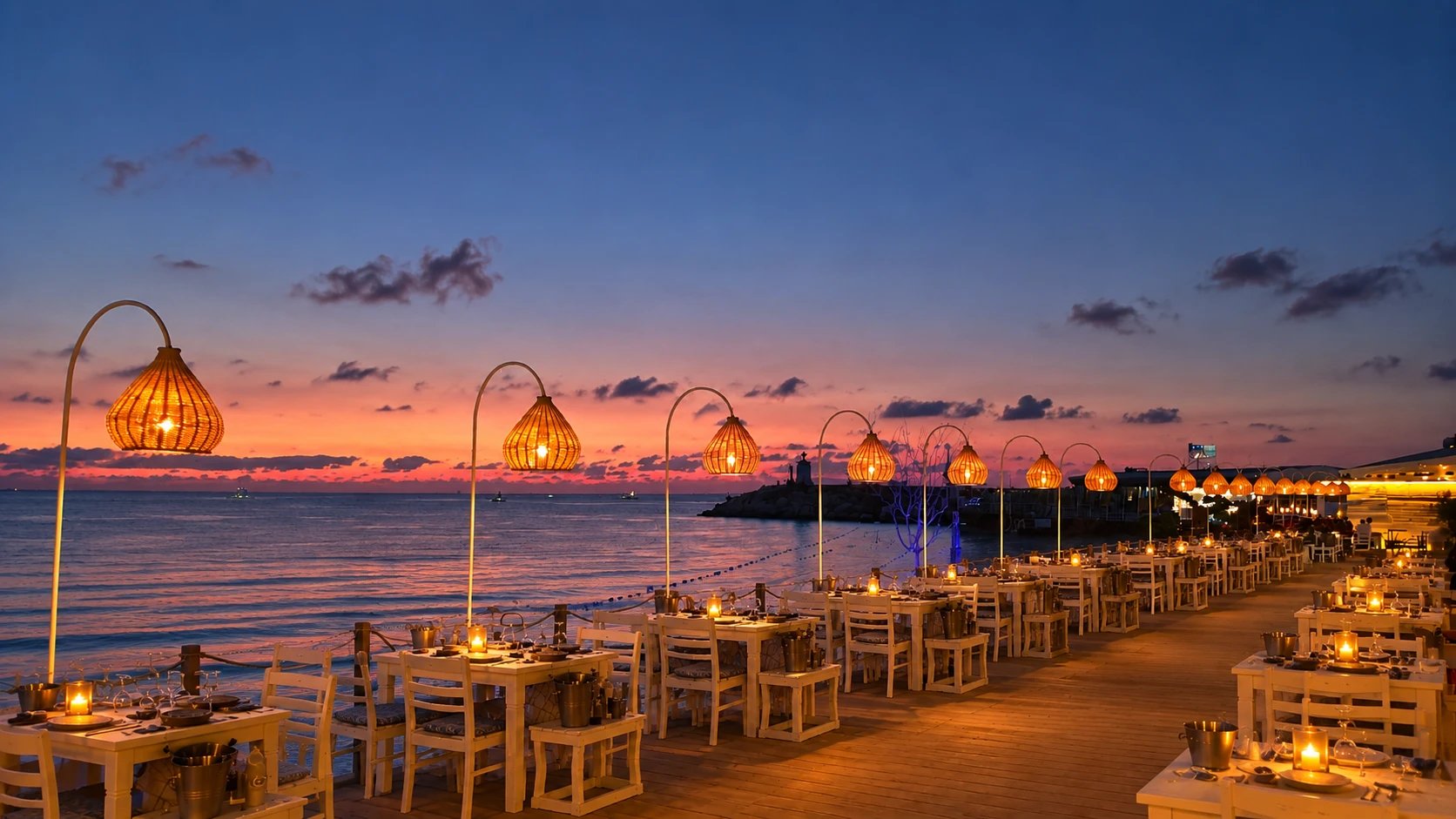 VIP Beach & Fish'te gün batımında hasır lambalarla aydınlatılmış denize sıfır masalar